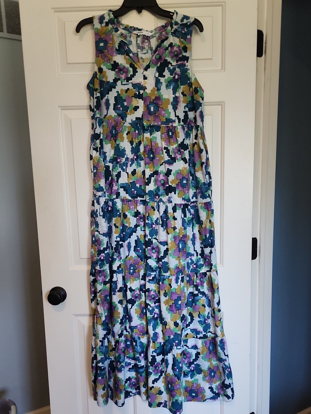 Sonoma White Floral Tiered Maxi Dress with Blue, Purple & Green
